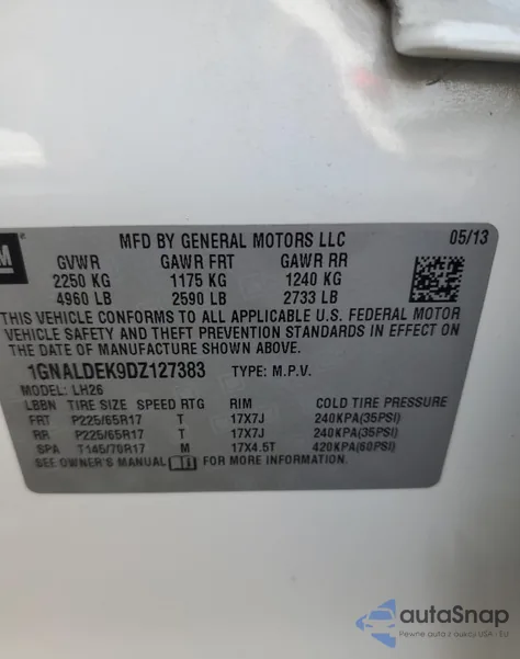 2013 Chevrolet Equinox Lt from USA, damaged, VIN 1GNALDEK9DZ127383